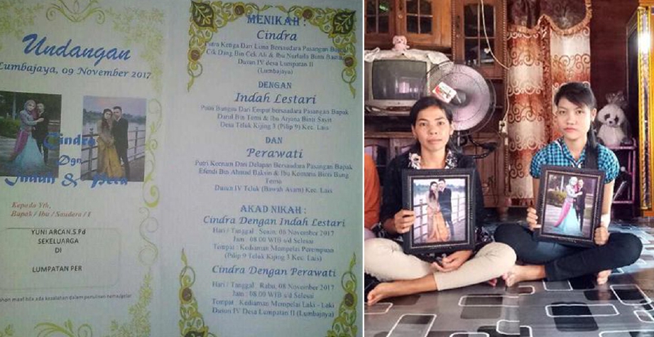 Kad undangan majlis perkahwinan Cindra dengan dua wanita yang tular di media sosial Indonesia dan Indah (kanan) bersama Perawati (kiri) memegang gambar praperkahwinan mereka. - Foto Twitter/detik.com