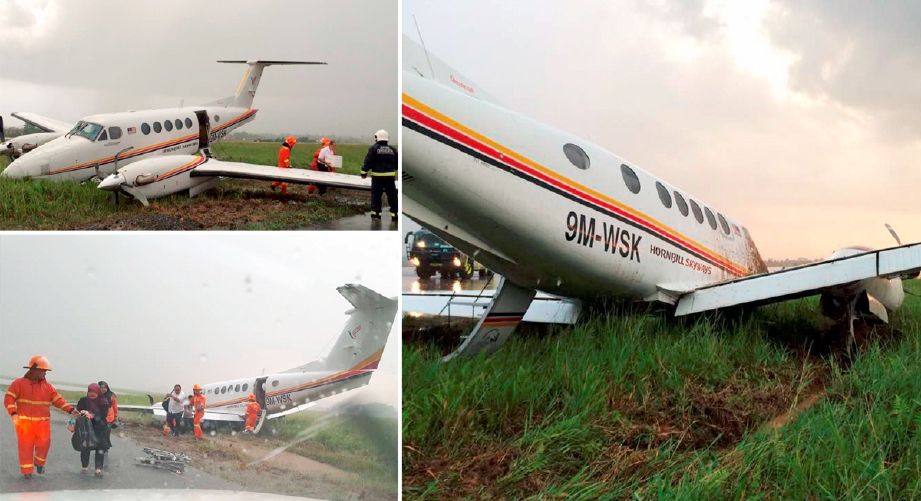 Keadaan pesawat ringan yang terbabas dari landasan di Lapangan Terbang Antarabangsa Kuching (LTAK), hari ini. - Foto Ihsan Pembaca