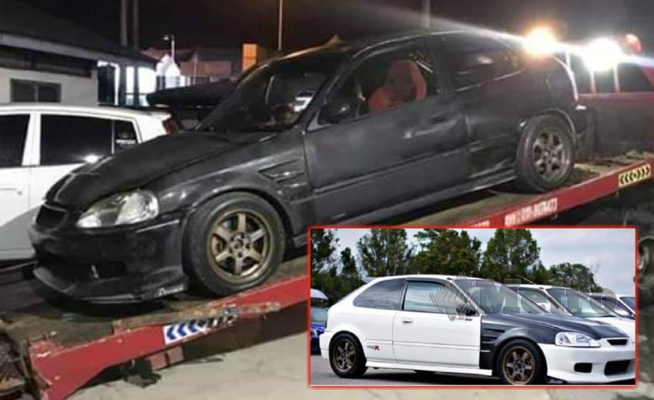 KERETA Honda Civic EK9 milik Mohd Faizal ditemui semula, malam tadi selepas hilang selama 11 hari, tetapi catnya sudah bertukar daripada putih kepada hitam. (Gambar kecil) Warna asal kereta. FOTO ihsan Mohd Faizal Mat Saman.