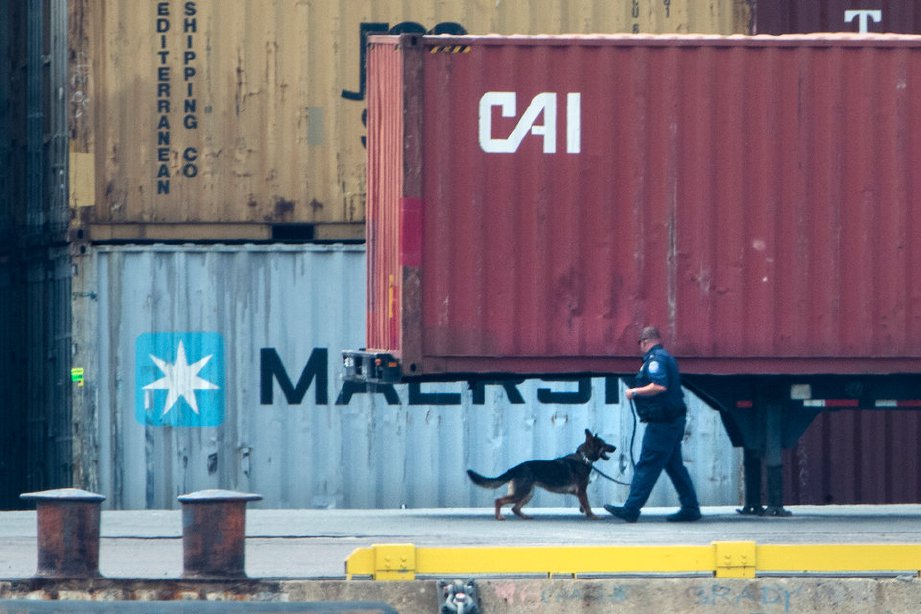 SEORANG pegawai dan seekor anjing polis memeriksa kontena di sepanjang Sungai Delaware di Philadelphia. FOTO AP.