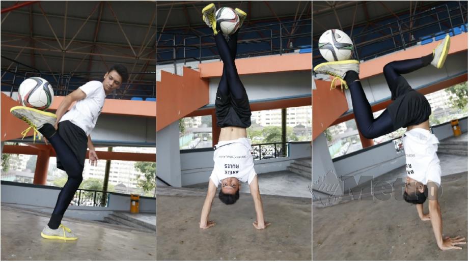 AKSI menarik Muhammad Zuhairi bermain bola sepak gaya bebas. FOTO Supian Ahmad
