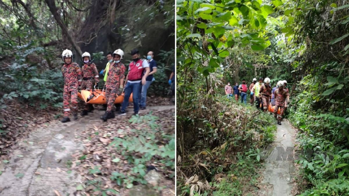 ANGGOTA bomba menurunkan mayat lelaki berusia 60 tahun yang meninggal dunia ketika mendaki di Bukit Batu Gantung. FOTO Ihsan JBPM