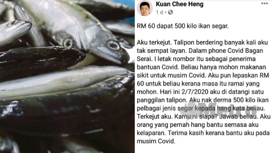 PAPARAN Facebook milik Uncle Kentang. Gambar longgokan ikan sekadar hiasan. FOTO Facebook & Arkib NSTP