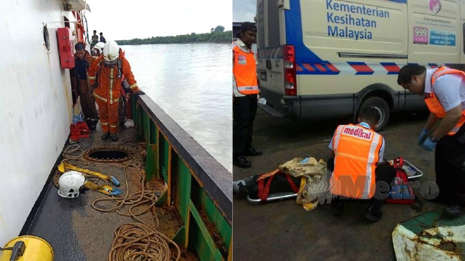 LELAKI maut di lokasi kejadian ketika melakukan kerja kimpalan di dalam kapal di Telok Panglima Garang, Banting. FOTO Ihsan PDRM