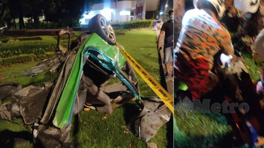 KERETA terputus dua dalam kemalangan di Taman Bukit Indah, Skudai. FOTO Ihsan Bomba