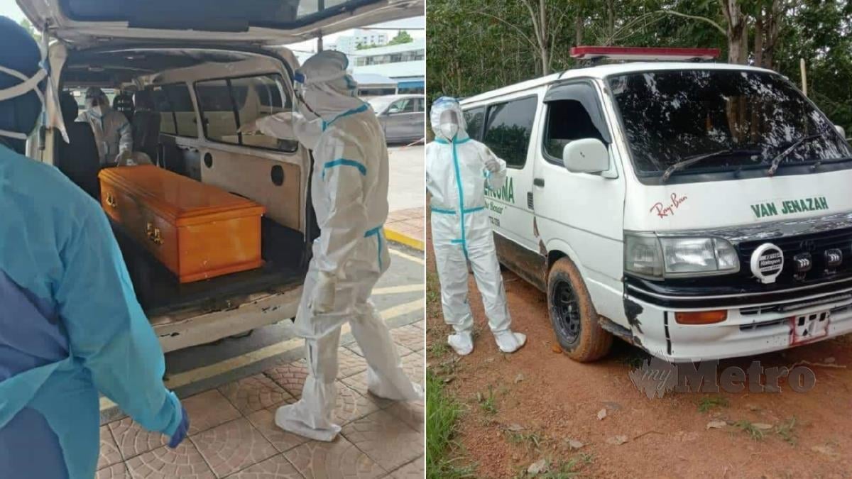 KRU Van Jenazah Percuma Kota Kinabalu lengkap dengan PPE memuatkan keranda jenazah positif Covid-19 di HQE Kota Kinabalu sebelum dihantar ke Kudat bagi proses pengebumian. FOTO Ihsan Persatuan Amal Sabah