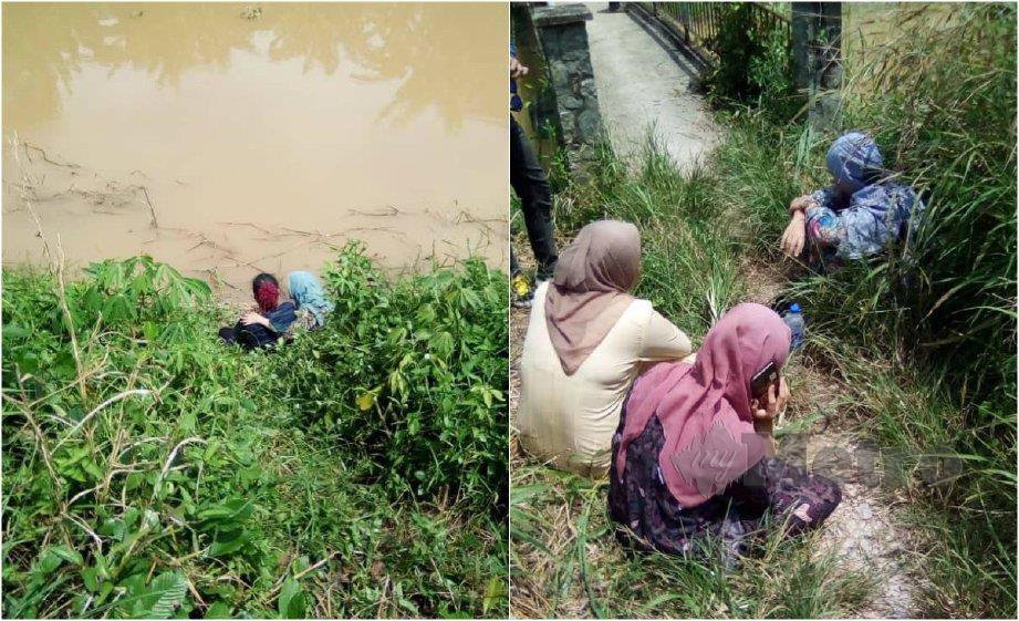 MANGSA hampir lemas selepas kereta terjunam ke dalam tali air di Kampung Teluk Sena, Kampung Gajah dekat Bota, semalam. FOTO ihsan pembaca
