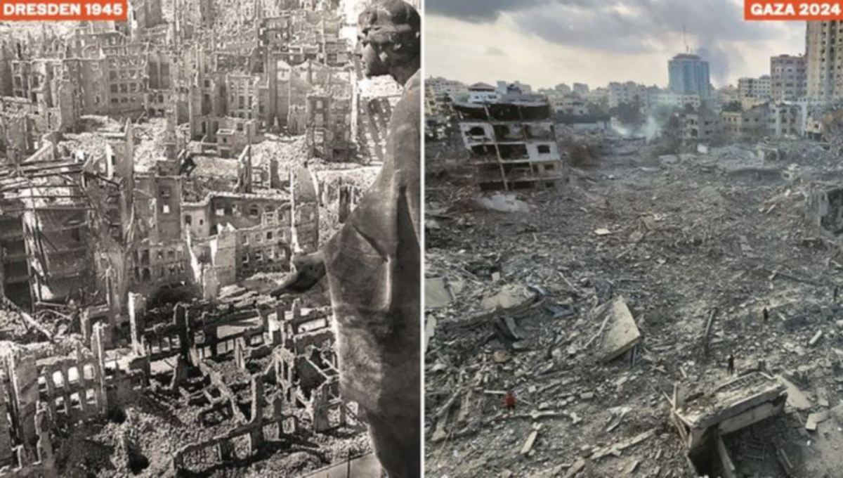 PERBANDINGAN antara kemusnahan bandar Dresden di Jerman dalam Perang Dunia Kedua (foto kiri) berbanding kehancuran akibat pengeboman Israel selama tujuh bulan ke atas Gaza, Palestin. FOTO Agensi