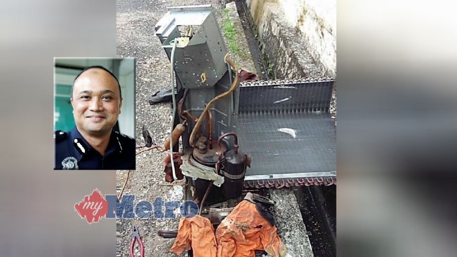 KOMPRESOR pendingin hawa yang dicuri di sebuah rumah di Taman Machang Bubok, Bukit Mertajam, kelmarin. Gambar kecil, Nik Ros Azhan. FOTO ihsan polis 