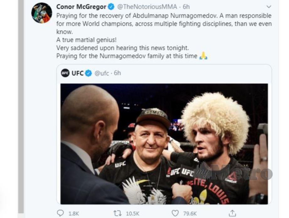 McGregor menerusi twitter miliknya berdoakan kesihatan jurulatih MMA itu. FOTO Agensi