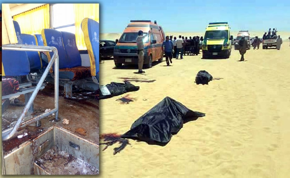 Percikan darah dalam bas ahli rombongan penganut Kristian yang diserang di Miya, Mesir, mengorbankan 28 orang. - Foto EPA