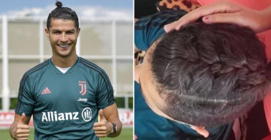 Ronaldo menunjukkan isyarat bagus. gambar kanan dandanan rambut terbarunya.  FOTO Agensi