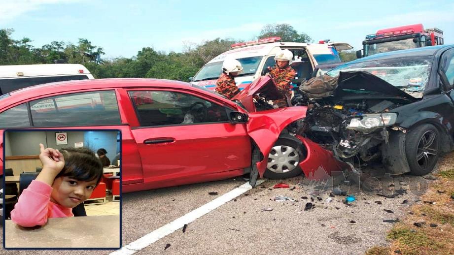 TIGA maut termasuk Nur Syaffina Qalesya (gambar kecil) dalam kemalangan membabitkan dua kenderaan di Kampung Cherok Paloh, petang tadi. FOTO Ihsan Bomba dan Zulkepli Osman