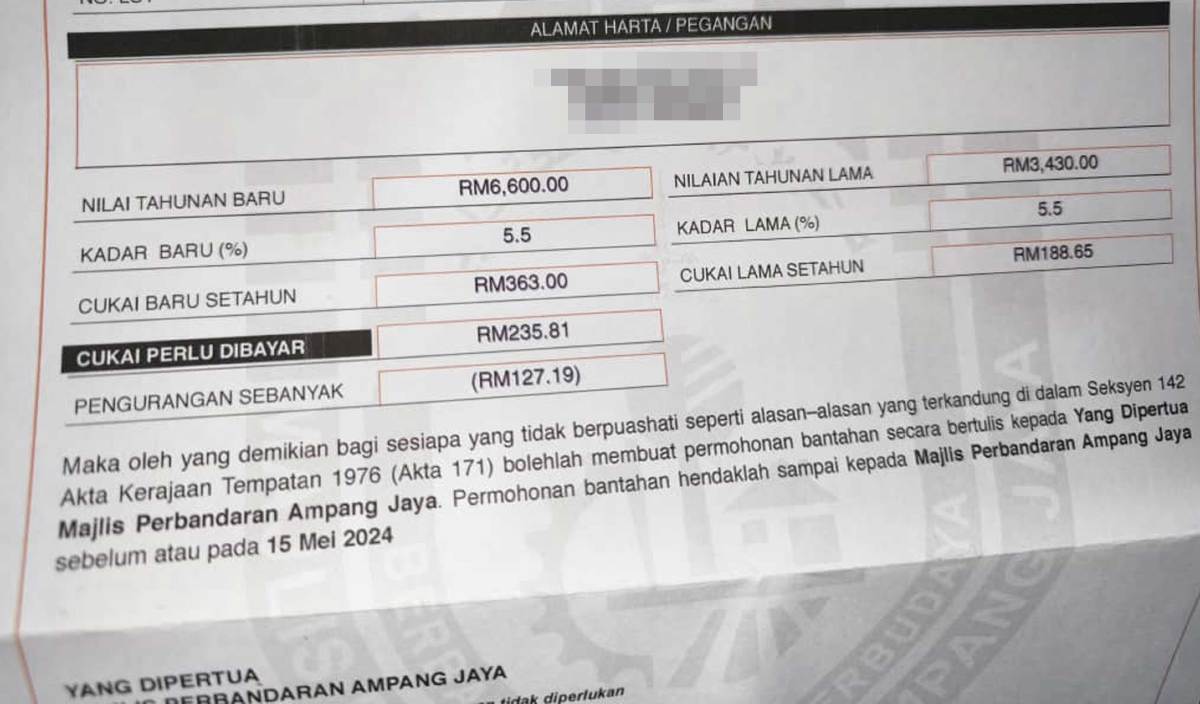 ANTARA pemilik kediaman di sesetengah kawasan di Selangor kecewa menerima notis cukai pintu yang naik mendadak. 