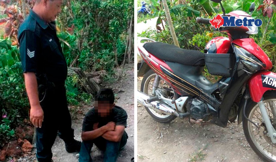 LELAKI  ditahan polis selepas berjaya ditangkap penduduk kampung. Gambar kanan,  motosikal yang digunakan suspek ketika melakukan jenayah. FOTO Ihsan pembaca.