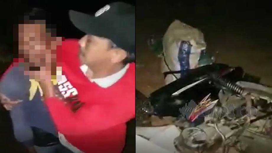 Rakaman lelaki didakwa curi durian yang ditangkap dan motosikal serta guni dipercayai berisi durian tular sejak malam tadi. Foto Ihsan Pembaca
