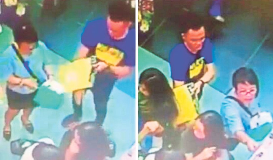 RAKAMAN CCTV menunjukkan gelagat kumpulan pencuri menyeluk beg mangsa di pusat beli-belah.