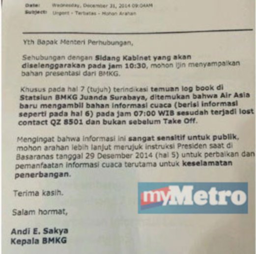  Surat didakwa daripada Ketua Badan Meteorologi, Klimatologi dan Geofizik (BMKG) kepada Menteri Perhubungan Indonesia. FOTO Tempo.co