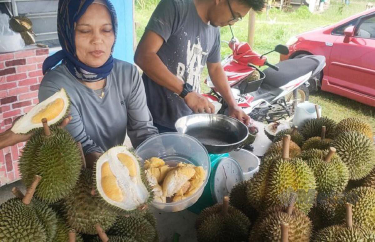 Sharliza (kiri) menunjukkan durian yang dijual di gerainya di tepi Jalan UUM-Sintok yang dijual timbang isi. FOTO ZULIATY ZULKIFFLI
