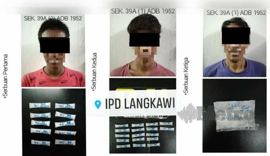TIGA suspek ditahan bersama heroin di Kampung Bukit Malut, Langkawi, Sabtu lalu. FOTO ihsan polis.