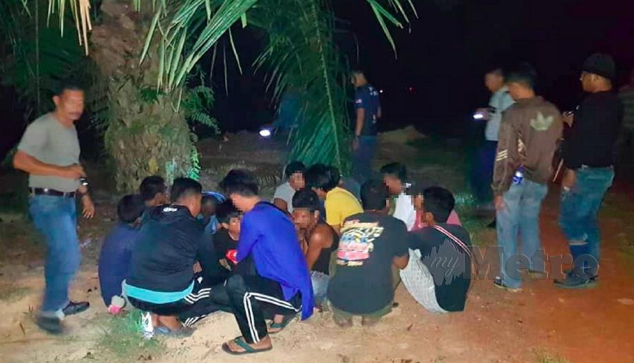 SEBAHAGIAN pengedar dan penagih dadah yang ditahan polis menerusi Op Sarang di ladang sawit FELDA Palong Enam, Jempol, tengah malam tadi. FOTO Abnor Hamizam Abd Manap.