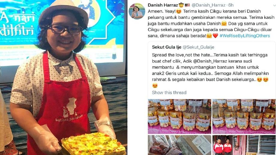Chef Danish dan ciapan yang dimuat naik di twitter mengenai perkongsian guru SK Kuala Geris selepas menerima kiriman sumbangannya.