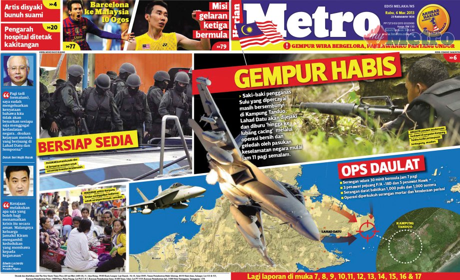 KERATAN akhbar Harian Metro lima tahun lalu mengenai insiden pencerobohan Lahad Datu. FOTO NSTP