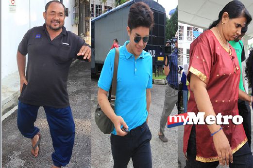 (dari kiri) Kamaruddin, Muhammad Haziq dan Vani mengaku bersalah mengemukakan laporan polis palsu membabitkan jenayah samun dan ragut pada bulan ini. FOTO Mohd Azren Jamaluddin