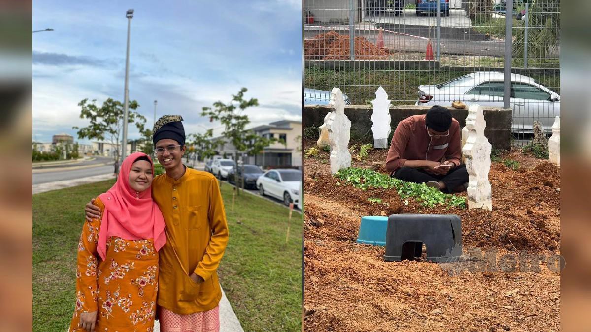GAMBAR kenangan Mohamad Azri dan Nur Atikah. (Gambar kanan) Mohamad Azri menziarahi pusara isterinya di Tanah Perkuburan Islam Kampung Melayu Kluang. FOTO ihsan Mohamad Azri Naim
