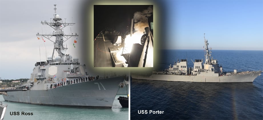 Dua kapal pemusnah tentera laut Amerika, USS Porter dan USS Ross yang melancarkan 59 peluru berpandu di Lautan Mediterranean terhadap pangkalan udara di Syria, pagi tadi. - Foto AFP/US Navy