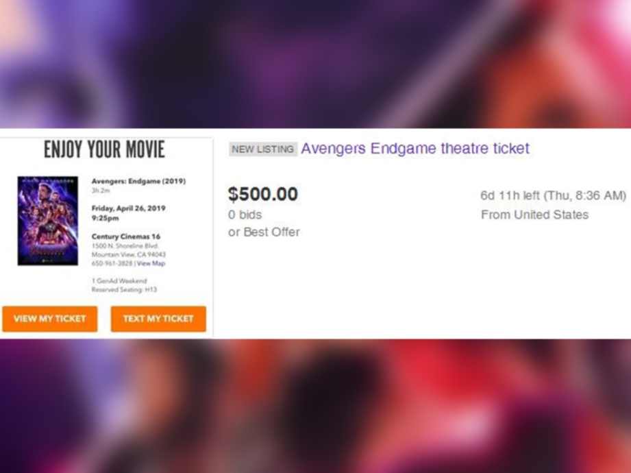 JUALAN tiket filem adiwira Marvel, Avengers: Endgame yang mencecah AS $500 (RM2,040) sekeping di ebay.