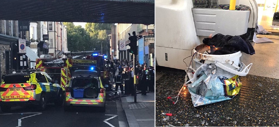 Baldi plastik berisi bahan letupan yang meletup dalam kereta api bawah tanah London dekat Parsons Green, hari ini. - Foto Daily Mail