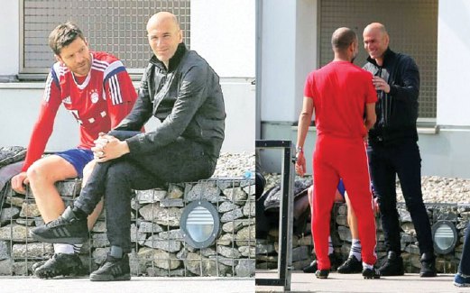 ZIDANE menuntut ilmu kejurulatihan dengan Guardiola (gambar kanan) di Jerman baru-baru ini.