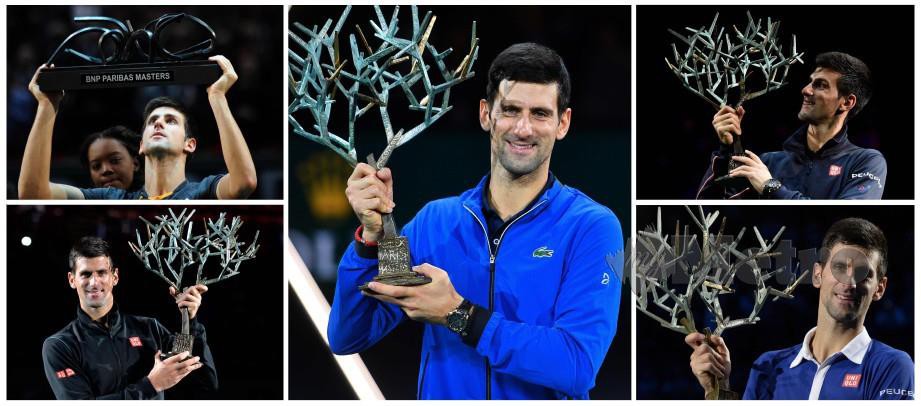 KOMBINASI gambar kejayaan Djokovic memenangi kejuaraan Masters Paris sebanyak lima kali. — FOTO AFP