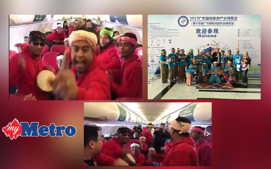 Antara aksi  pasukan dikir barat Arjunasukma berdikir di udara di dalam pesawat dan gambar kenangan mereka di Expo Industri Pelancongan Antarabangsa 2017 di Guangdong, China. FOTO ihsan Mohd Sulhie