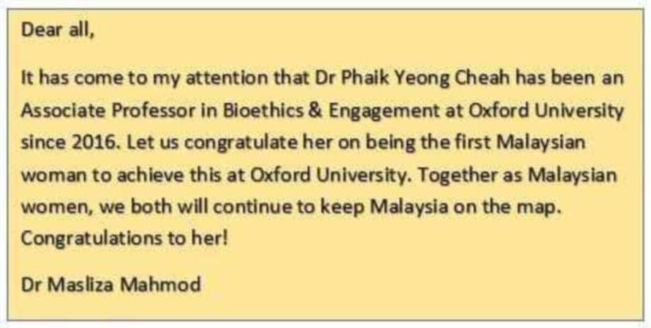 UCAPAN tahniah kepada Dr Phaik menerusi hantarannya di Facebook. FOTO Facebook Dr Masliza Mahmod