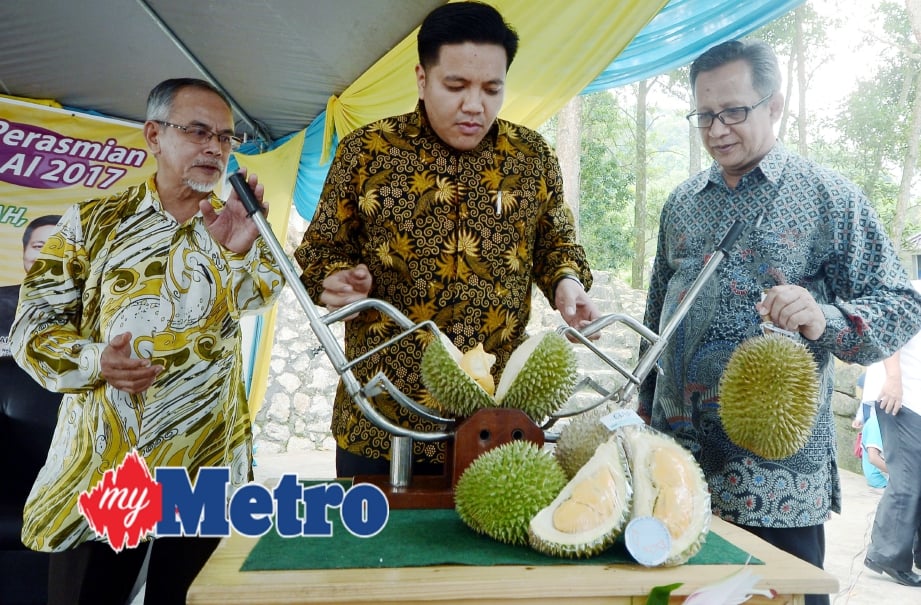 Dr Afif (tengah) merasmikan Pesta Durian Pulau Pinang 2017 sambil diperhati Adun Sungai Bakap, Datuk Maktar Shapee (kiri) dan Naib Yang Dipertua Majlis Agama Islam Pulau Pinang, Datuk Abdul Halim Hussain. FOTO Shahnaz Fazlie Shahrizal