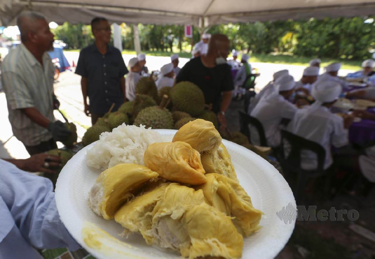 Sebanyak 300kg durian pelbagai jenis yang dimakan bersama pulut dihidangkan secara percuma kepada pelajar tahfiz, penduduk kampung dan pengguna jalan raya yang melalui Jalan Kemubu, Dewan Beta. FOTO NIK ABDULLAH NIK OMAR