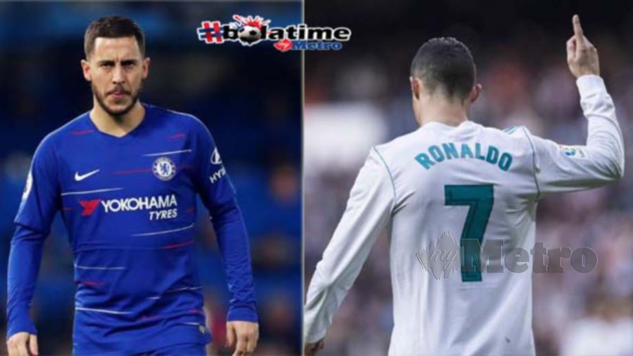Hazard (kiri) akan guna nombor 7 ditinggalkan Ronaldo. FOTO REUTERS 