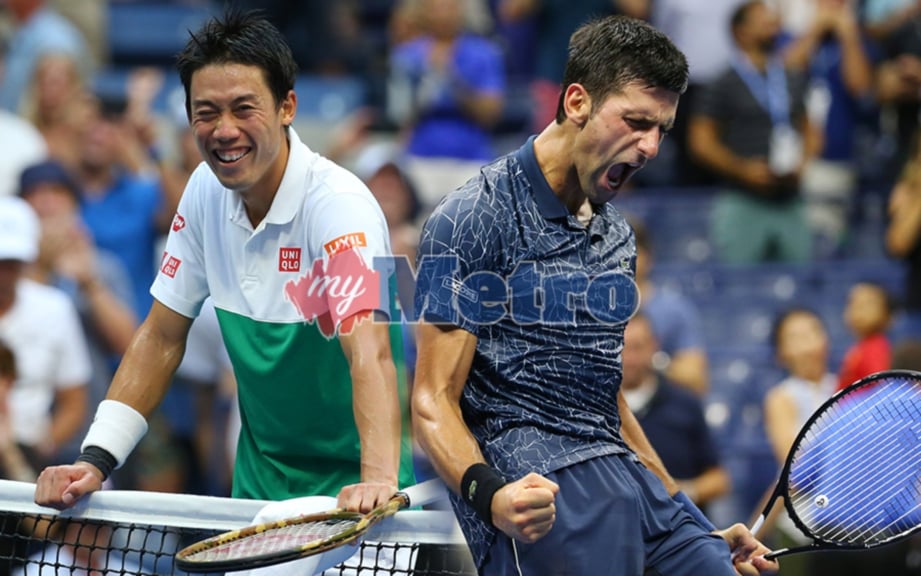 PEMAIN tenis Jepun, Kei Nishikori (kiri) bakal berentap dengan Juara dua kali, Novak Djokovic di separuh akhir Terbuka Amerika Syarikat. FOTO Agensi