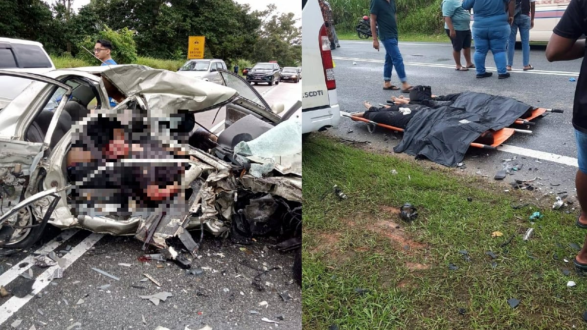 TIGA maut dalam kemalangan membabitkan sebuah Proton Wira dengan sebuah van di Jalan Sungai Sayong, Simpang Renggam, Kluang Johor. FOTO tular.