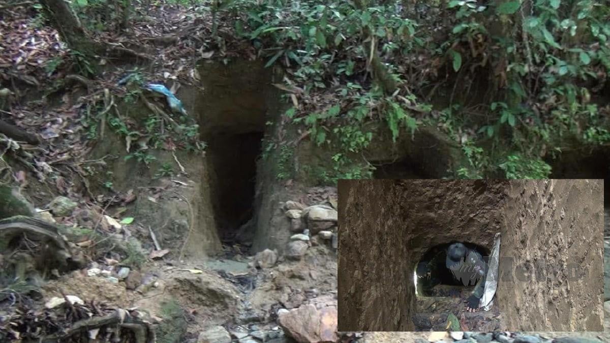 Antara lubang pelombongan emas yang ditemukan di Sungai Bole dalam Hutan Simpan Ulu Segama Malua, di Lembah Danum dekat sini. (Gambar kecil) Anggota PGA memeriksa lubang lombong yang ditemui. Foto Hazsyah Abdul Rahman