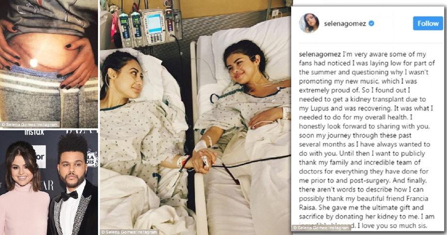 Selena yang kini menjalin hubungan dengan The Weeknd (gambar kiri, bawah) menyiarkan di Instagram gambarnya di atas katil di sebelah Francia Raisa yang mendermakan buah pinggang kepadanya.
