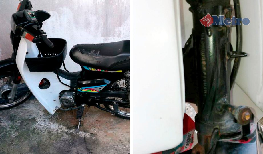 HONDA EX5 yang nombor casisnya sudah diusik dipercayai dicuri suspek. Gambar kanan, komponen motosikal yang dileraikan dirampas dalam serbuan di sekitar Taman Malihah, Kuching. FOTO Ihsan PDRM