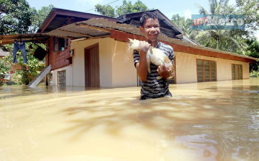 ANAS menyelamatkan kucing peliharaannya dalam banjir kilat di Kampung Simpang Tiga, Kepala Batas.