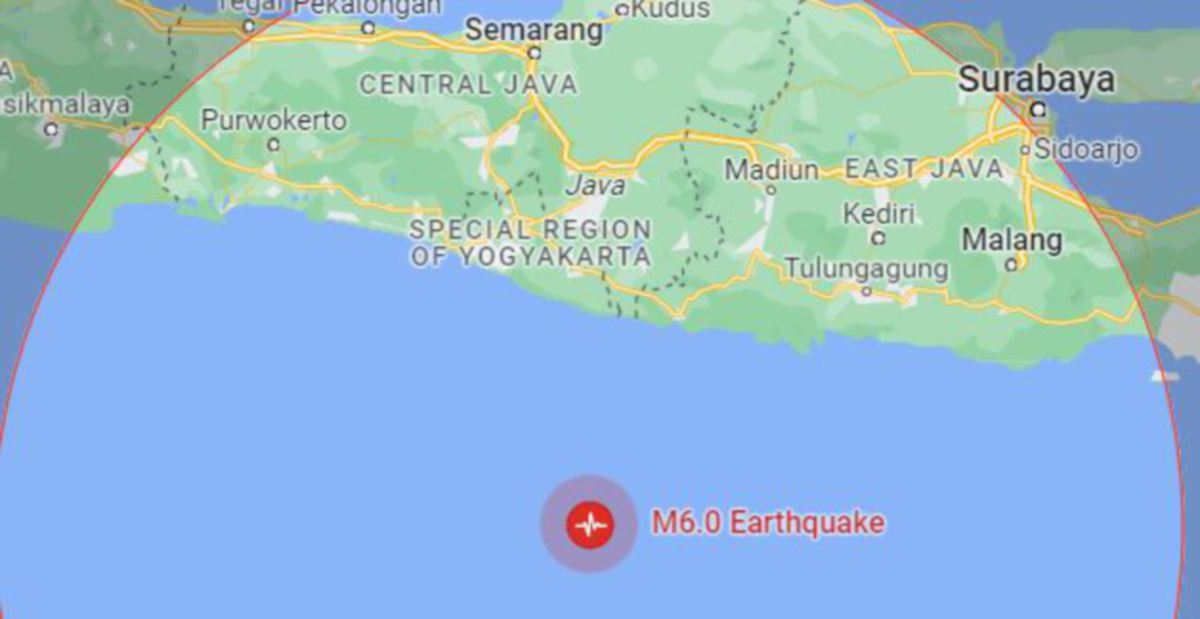 PUSAT gempa berada di 117 kilometer (km) barat daya daerah Pacitan. IMEJ Google Maps