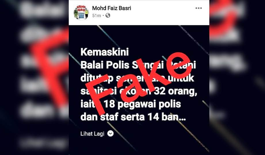 POLIS menafikan status dimuat naik Mohd Faiz Basri kononnya Balai Polis Sungai Petani ditutup sementara berikutan 32 kakitangan disaring dan kini sedang dikuarantin seperti tular di Facebook (FB). FOTO Facebook Polis Daerah Kuala Muda