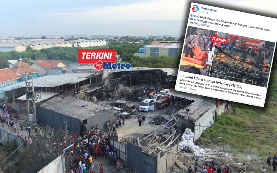 Keadaan kilang mercun dan bunga api di Tangerang, Jakarta, yang terbakar mengorbankan 47 orang, hari ini. - Foto AFP