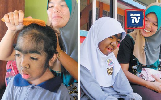 ASLIZA  memastikan  Nurul Afida  sentiasa disikat kemas. Gambar kanan, Nurul Afida bersama Asliza selepas waktu sekolah.