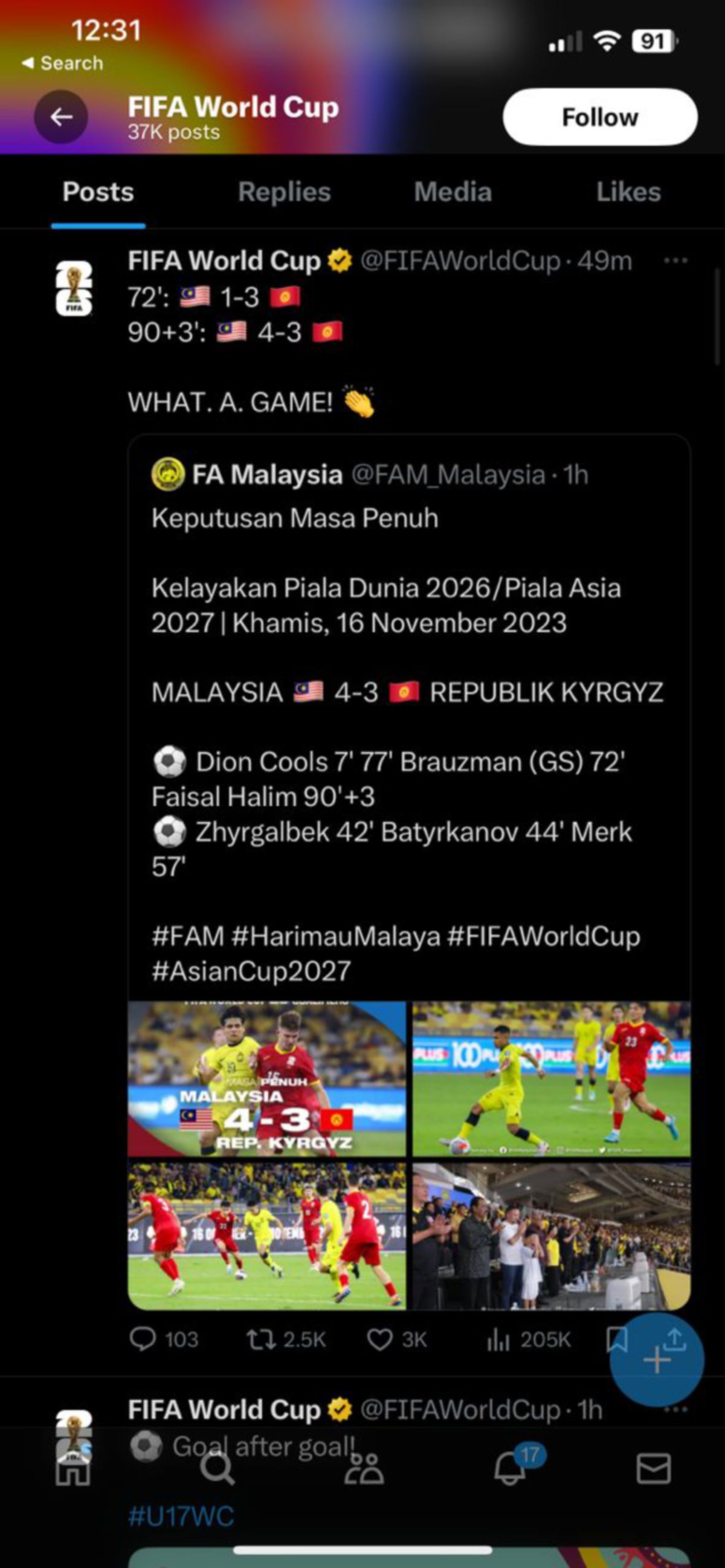 PERKONGSIAN laman sosial Fifa mengenai kebangkitan luar biasa skuad Harimau Malaya.